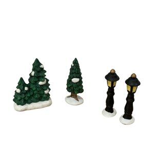Vintage Christmas Village Accessories Trees and Lamp Posts Hand Painted Ceramic